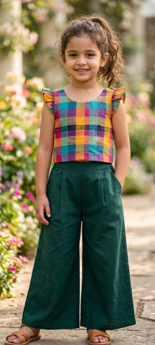Madras Checked Crop Top with Pant Co-ord Set for Girls | Stylish Cotton Kids Outfit