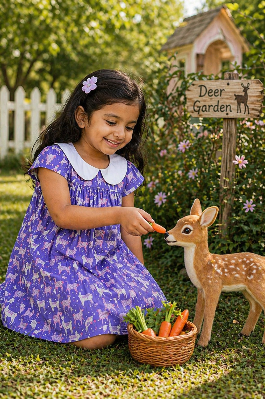Baby Girls Lavender Deer Print Cotton Frock – Peter Pan Collar Summer Dress