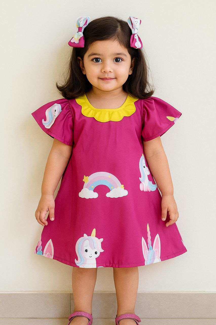 Girls Unicorn & Rainbow Printed Party Frock – Magenta with Yellow Collar