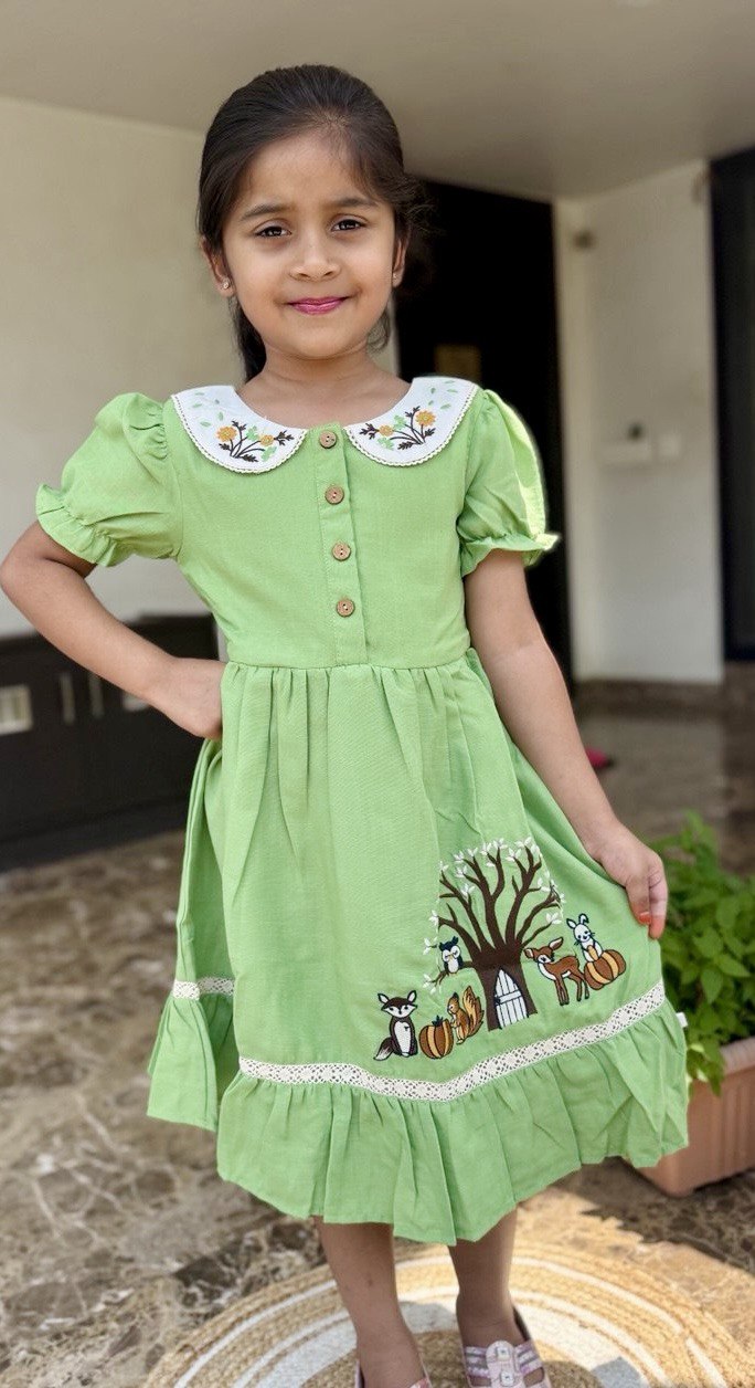 "Floral Embroidered Frock with Deer Squirrel and Fox Embroidery and Lace Work for Girls (1-8 Years) "
