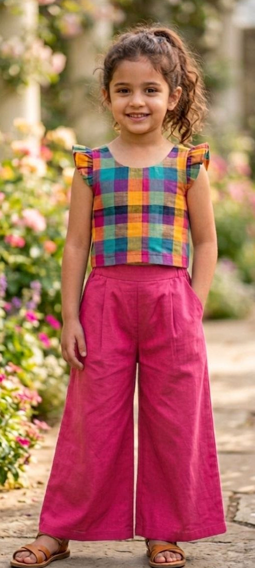 Madras Checked Crop Top with Pant Co-ord Set for Girls | Stylish Cotton Kids Outfit