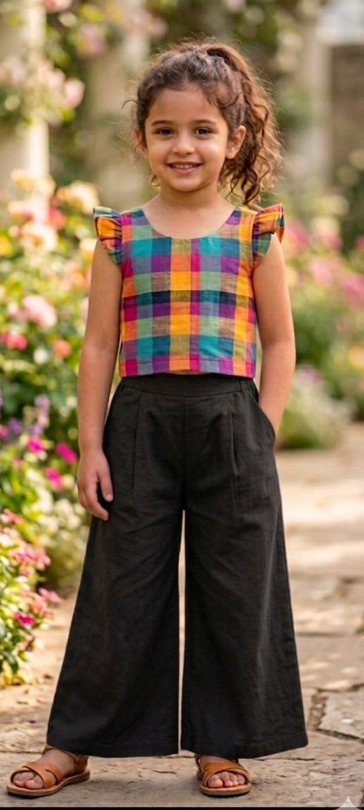 Madras Checked Crop Top with Pant Co-ord Set for Girls | Stylish Cotton Kids Outfit