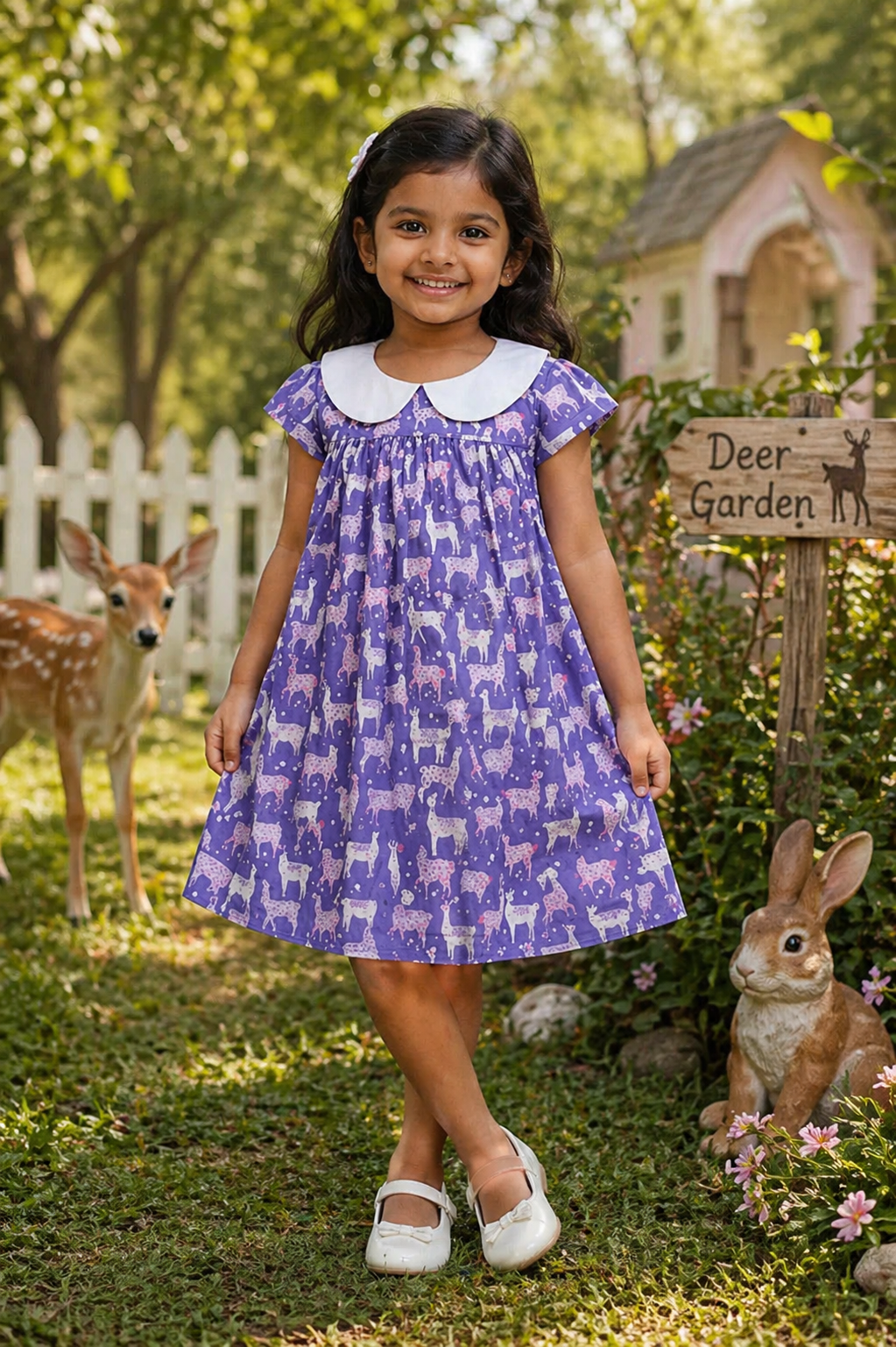 Baby Girls Lavender Deer Print Cotton Frock – Peter Pan Collar Summer Dress