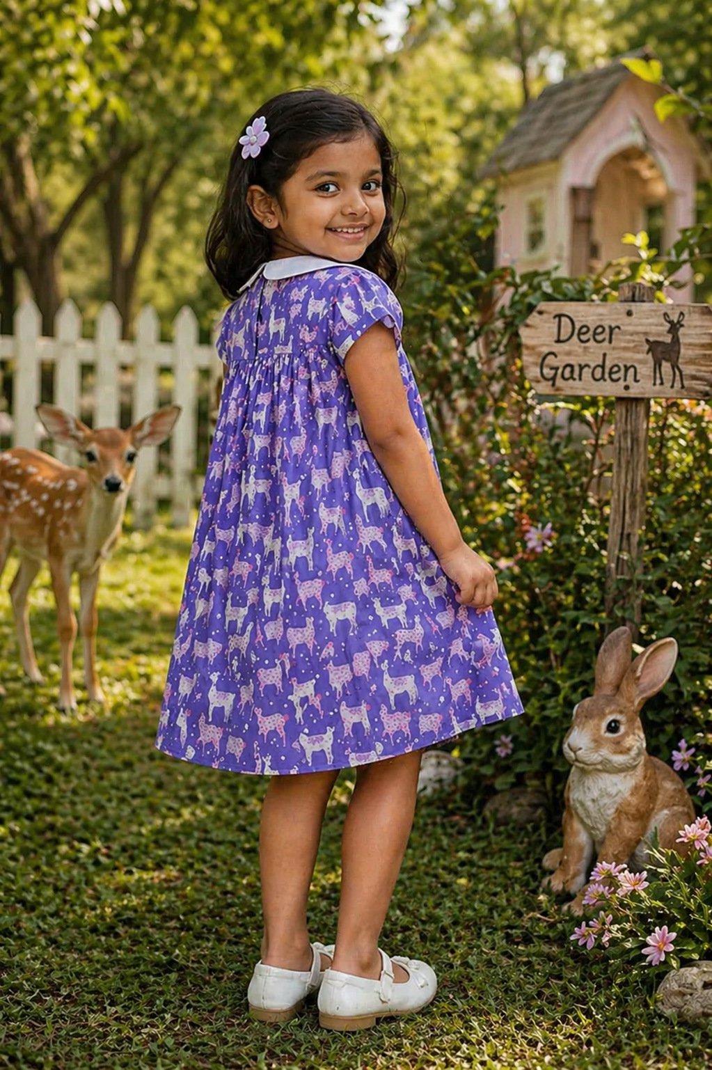 Baby Girls Lavender Deer Print Cotton Frock – Peter Pan Collar Summer Dress