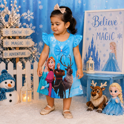 Frozen Cartoon Printed Frock – Blue Party Dress | Uvaly