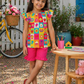 Girls Color Pop Cotton Co-Ord Set – Multicolor Printed Top & Pink Ruffle Shorts