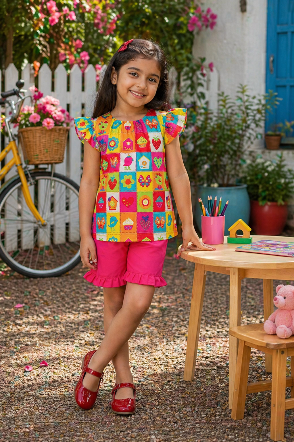 Girls Color Pop Cotton Co-Ord Set – Multicolor Printed Top & Pink Ruffle Shorts