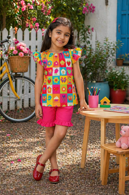 Girls Color Pop Cotton Co-Ord Set – Multicolor Printed Top & Pink Ruffle Shorts