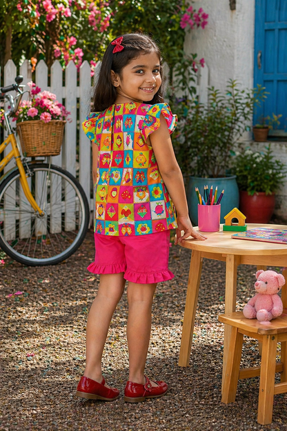 Girls Color Pop Cotton Co-Ord Set – Multicolor Printed Top & Pink Ruffle Shorts
