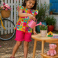 Girls Color Pop Cotton Co-Ord Set – Multicolor Printed Top & Pink Ruffle Shorts