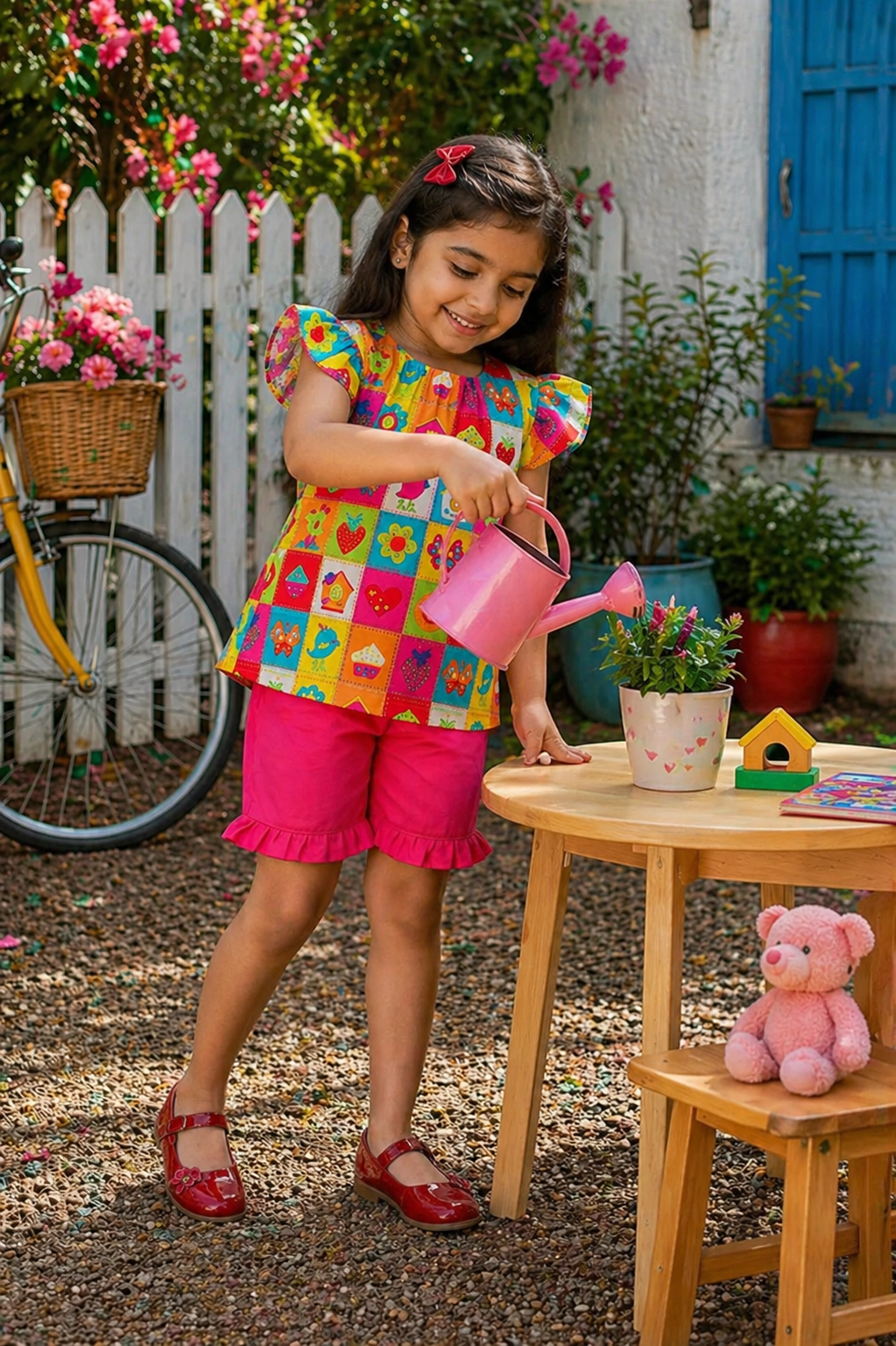 Girls Color Pop Cotton Co-Ord Set – Multicolor Printed Top & Pink Ruffle Shorts