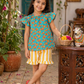 Girls Peach Print Cotton Co-Ord Set – Teal Top with Yellow Striped Shorts Summer Outfit