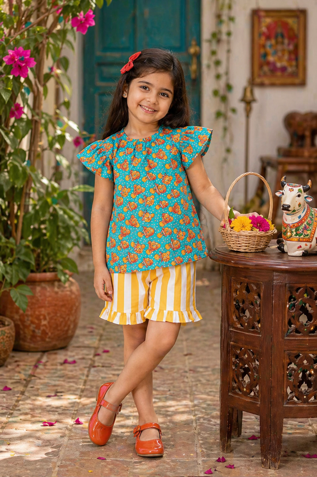 Girls Peach Print Cotton Co-Ord Set – Teal Top with Yellow Striped Shorts Summer Outfit