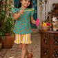 Girls Peach Print Cotton Co-Ord Set – Teal Top with Yellow Striped Shorts Summer Outfit