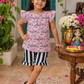 Girls Pink Print Cotton Co-Ord Set – Stylish Top & Striped Ruffle Shorts for Kids