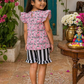 Girls Pink Print Cotton Co-Ord Set – Stylish Top & Striped Ruffle Shorts for Kids