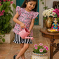Girls Pink Print Cotton Co-Ord Set – Stylish Top & Striped Ruffle Shorts for Kids