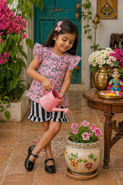 Girls Pink Print Cotton Co-Ord Set – Stylish Top & Striped Ruffle Shorts for Kids