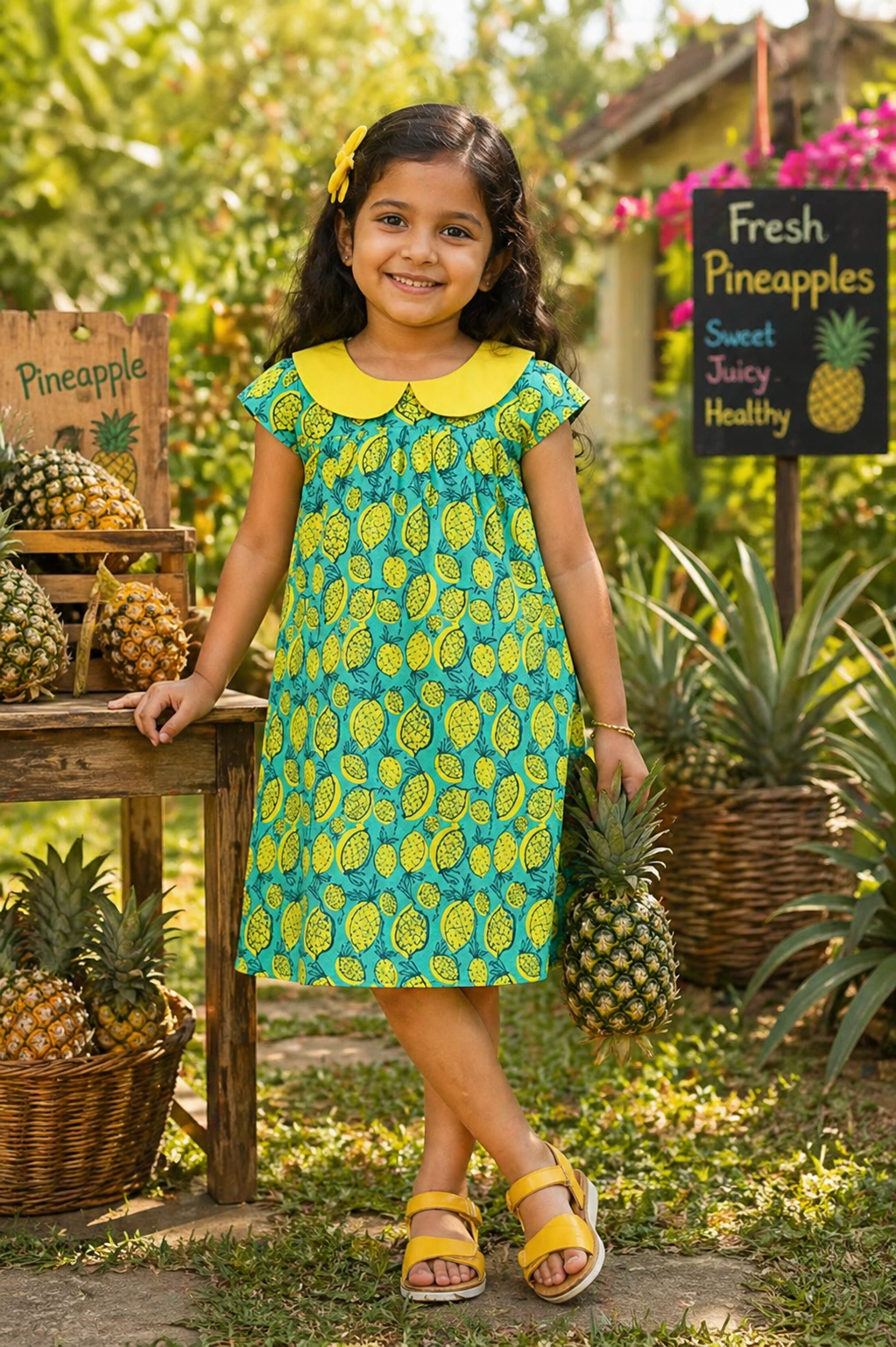 Girls Tropical Pineapple Print Summer Cotton Frock