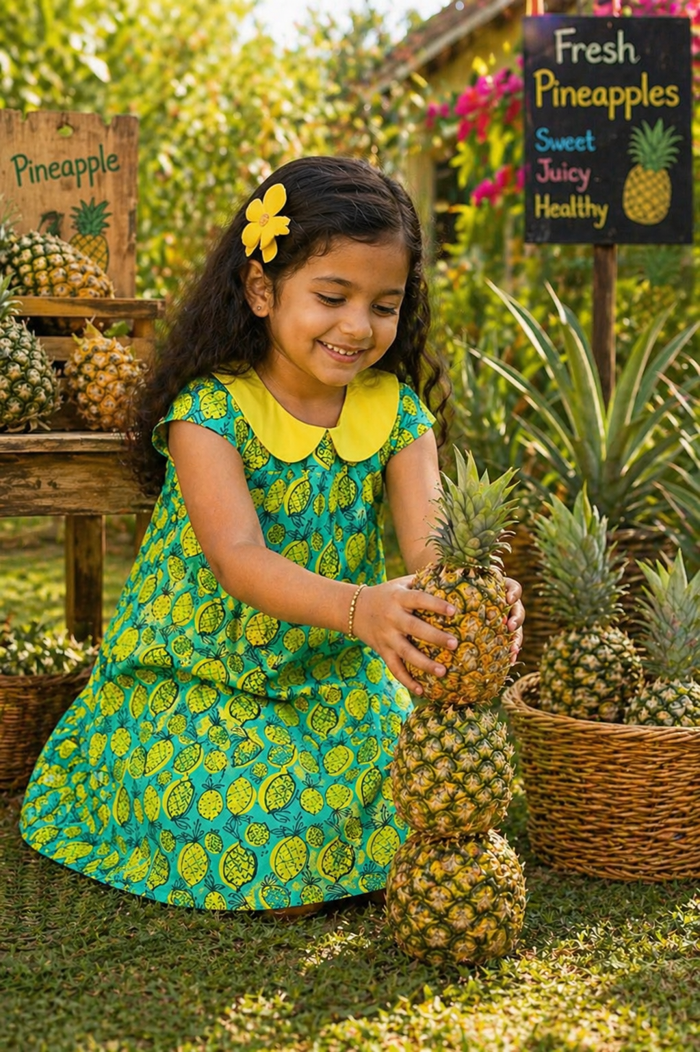 Girls Tropical Pineapple Print Summer Cotton Frock