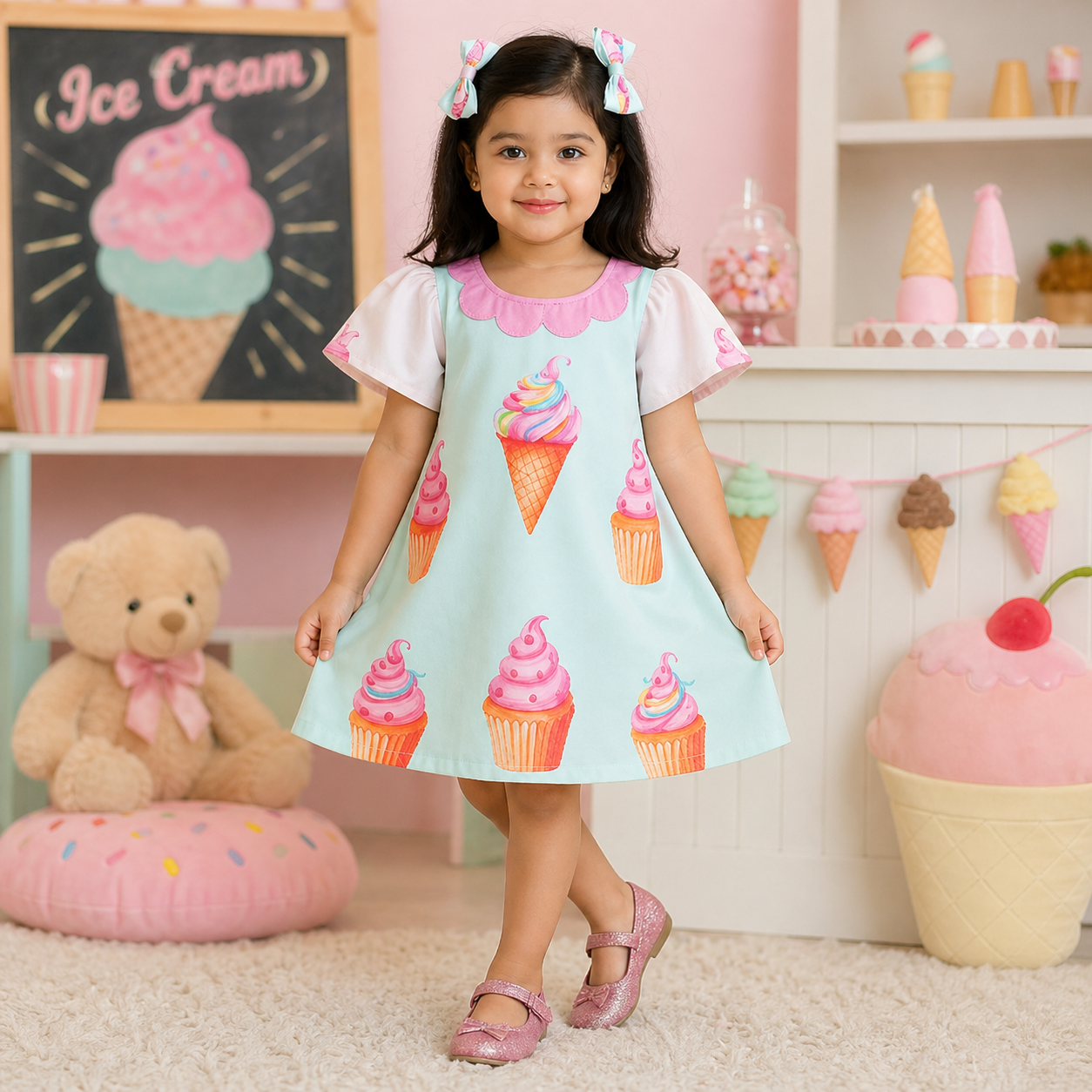 Ice Cream Cartoon Printed Frock | Uvaly Clothing Kids