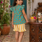 Girls Peach Print Cotton Co-Ord Set – Teal Top with Yellow Striped Shorts Summer Outfit