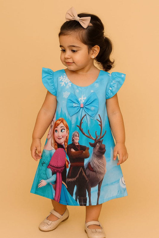 Girls Frozen Character Printed Blue Party Frock with Bow