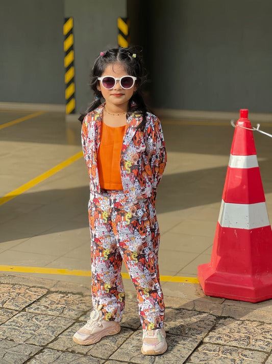 Girls 3-Piece Dogs Print Co-ord Set – Inner Crop Top, Open Shirt & Straight Cut Pants