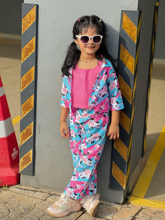 Girls 3-Piece Cow Print Co-ord Set – Inner Crop Top, Open Shirt & Straight Cut Pants