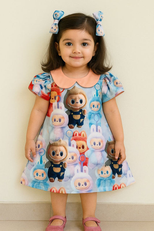 Girls Labubu  Character Printed Frock with Peach Collar – Multicolor