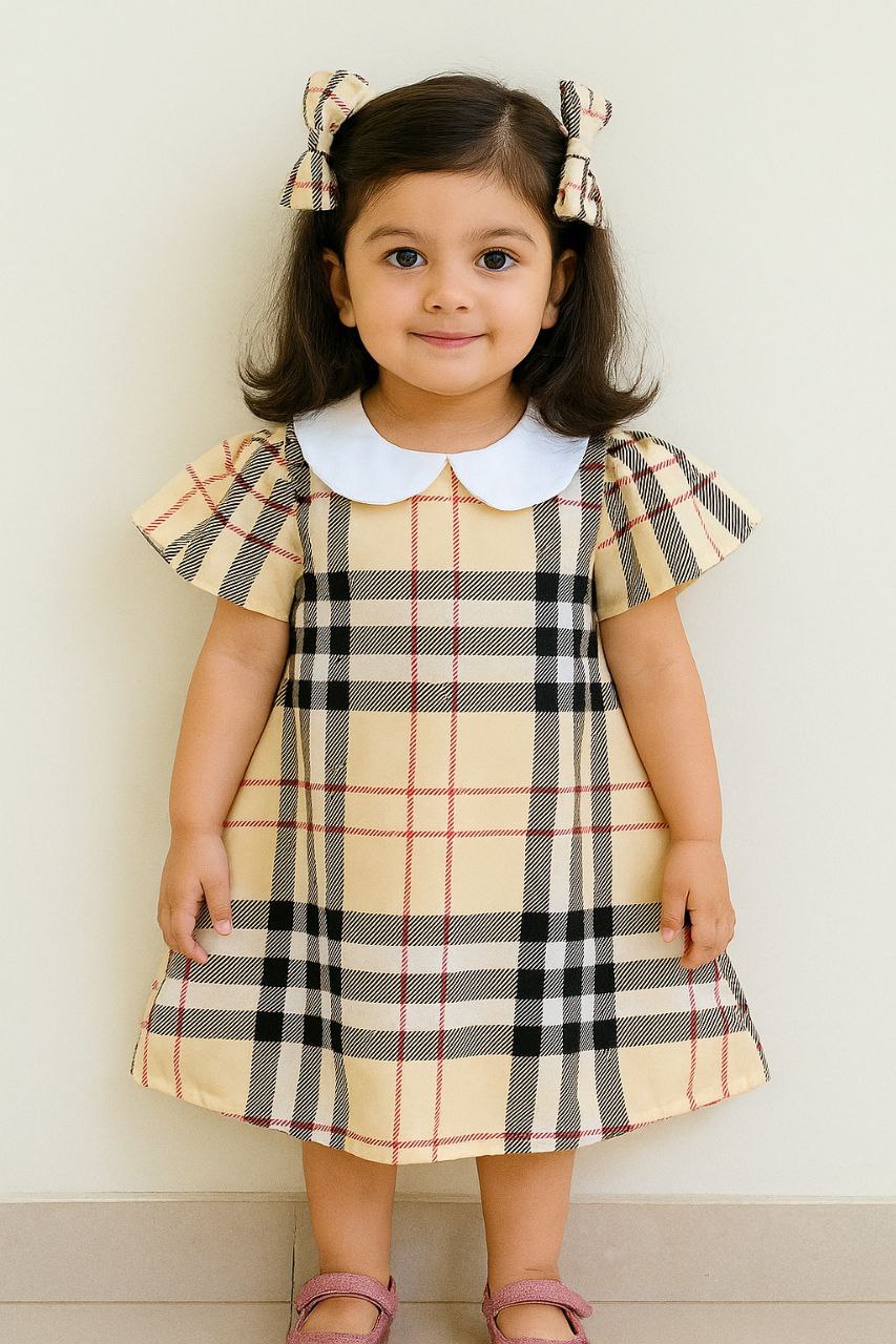 Girls Classic Checkered Frock with Peter Pan Collar – Beige & Black