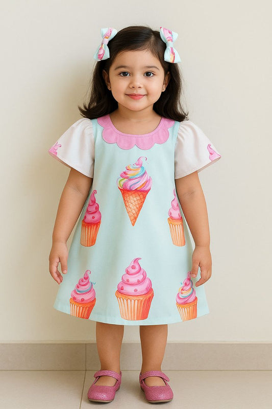 Girls Ice Cream & Cupcake Printed Party Frock – Pastel Mint with Pink Sleeves