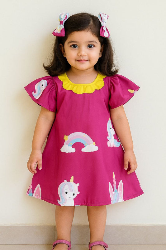 Girls Unicorn & Rainbow Printed Party Frock – Magenta with Yellow Collar