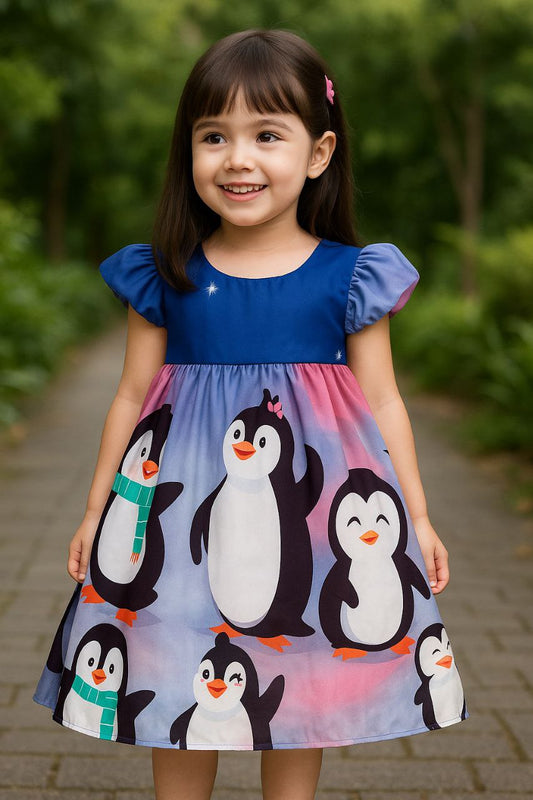 Girls Cute Penguin Print Party Frock – Blue & Pink