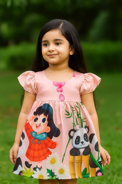 Adorable Kids A-Line Frock with Cartoon Panda & Girl Print