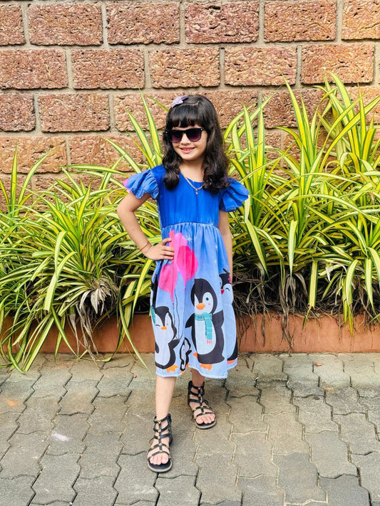 Girls Cute Penguin Print Party Frock – Blue & Pink