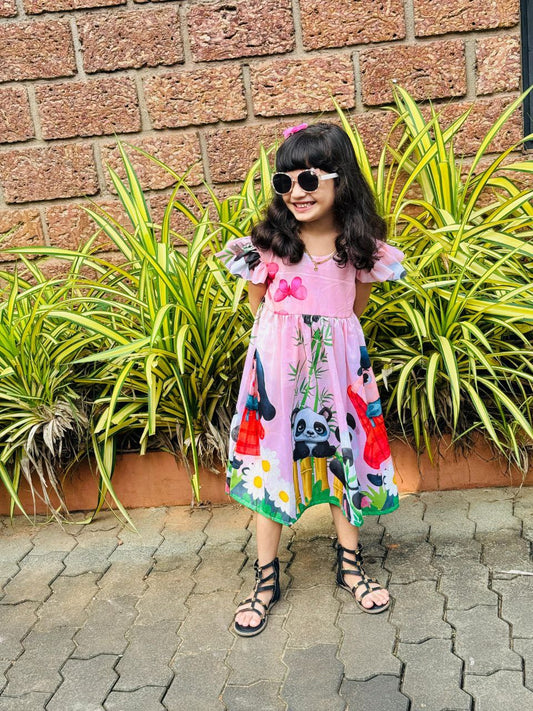 Adorable Kids A-Line Frock with Cartoon Panda & Girl Print