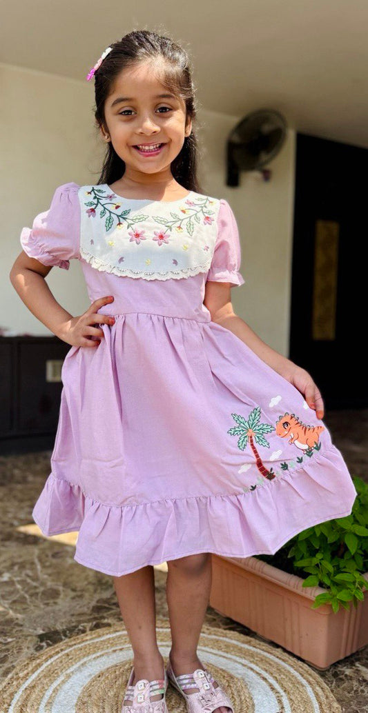 "Adorable Dino Embroidered Frock with Lace Work for Kids (1-8 Years) "