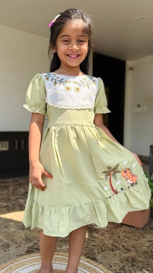 "Adorable Dino Embroidered Girls' Frock with Lace – Cute Party Dress for Ages 1 to 8 Years"