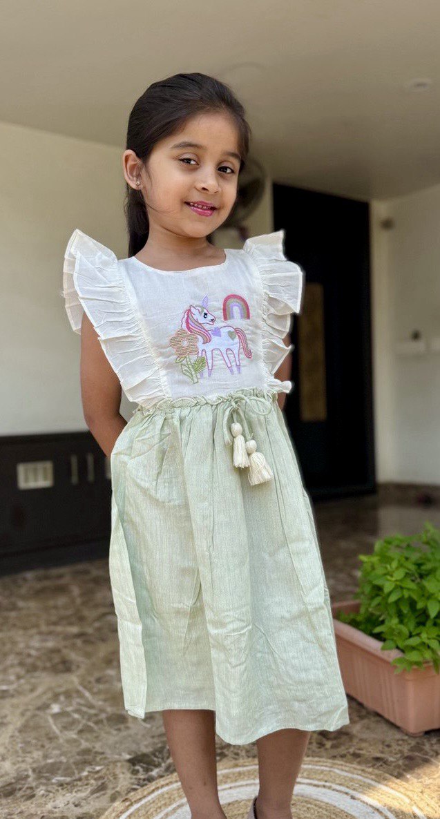 "Magical Unicorn Embroidered Girls' Frock with Side Frills – Party Dress for Ages 1 to 8 Years"