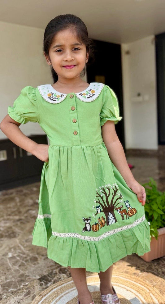 "Floral Embroidered Frock with Deer Squirrel and Fox Embroidery and Lace Work for Girls (1-8 Years) "