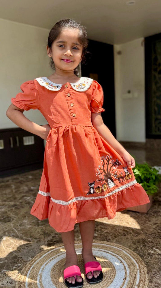 "Floral Embroidered Frock with Deer Squirrel and Fox  Embroidery and Lace Work for Girls 1-8 Year"