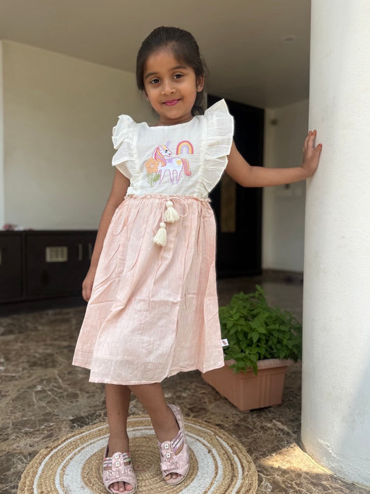 "Magical Unicorn Embroidered Girls' Frock with Side Frills – Party Dress for Ages 1 to 8 Years"