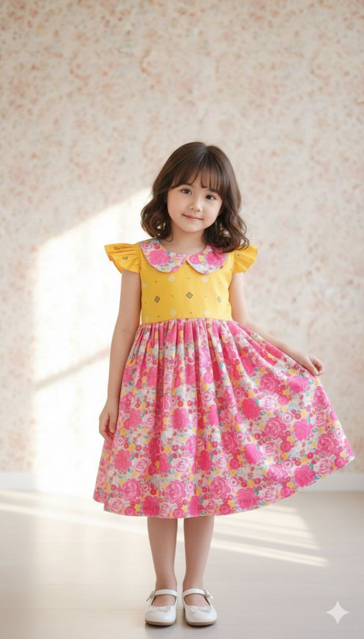 Floral Printed Frock with Contrast Yoke – Kids Girls Dress (2–12 Years)