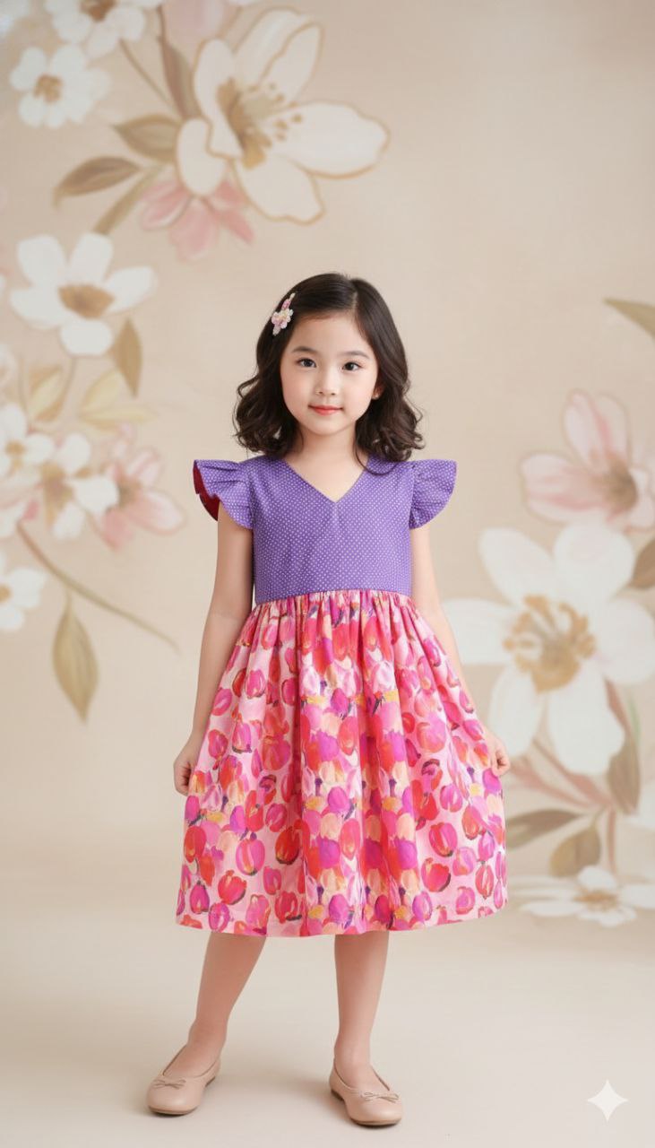 Floral Printed Frock with Contrast Yoke – Kids Girls Dress (2–12 Years)