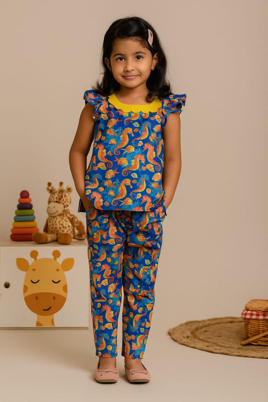 Sea Horse Printed Kids’ Co-Ord Set | Stylish & Comfortable Outfit for Girls