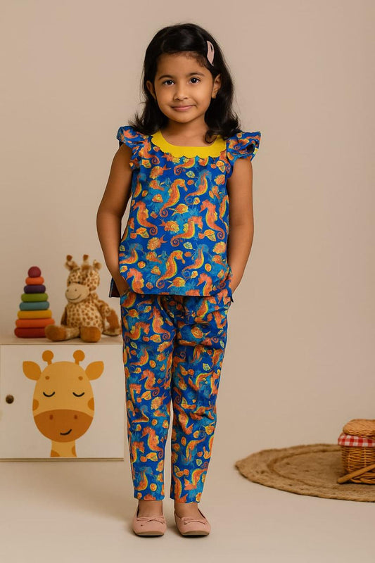 Sea Horse Printed Kids’ Co-Ord Set | Stylish & Comfortable Outfit for Girls