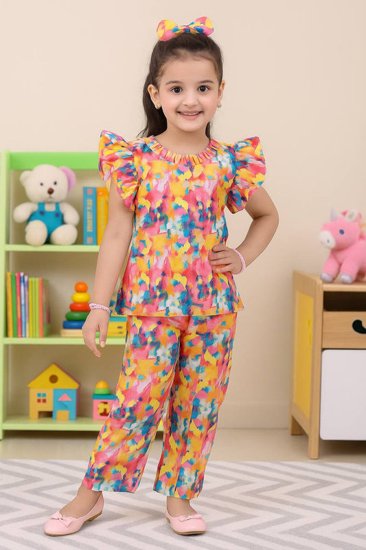 Yellow Printed Kids’ Co-Ord Set with Frilled Sleeves | Trendy & Comfortable Outfit for Girls